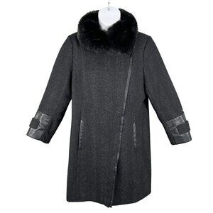 Via Spiga Women 16W Black Wool Blend Faux Fur Collar Asymmetrical Coat Old Money